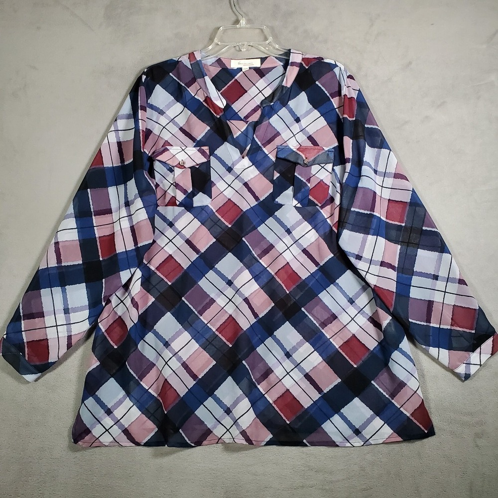 Two by Vince‎ Camuto Tunic Top Womens Plus 1X Blue Pink Plaid Long Sleeve Preppy